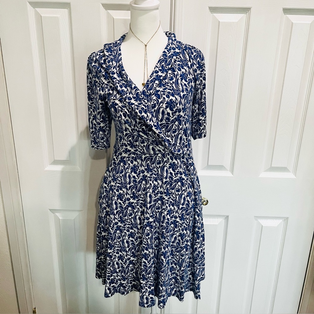 Boden Navy and White Patterned‎ Midi Dress